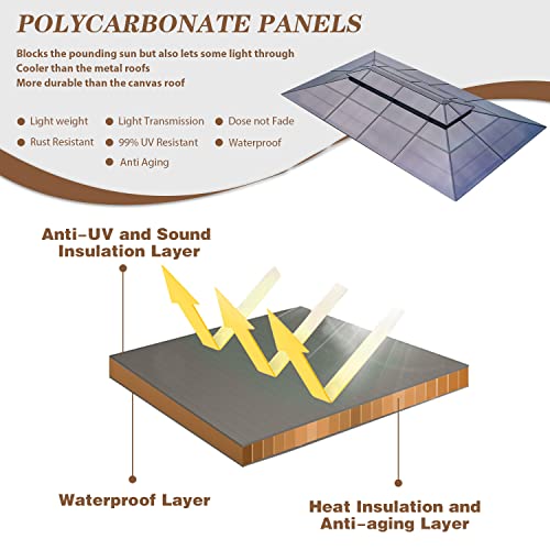 EROMMY 12'x20' Gazebo Polycarbonate Double Roof Canopy Outdoor Aluminum Frame Pergolas with Netting and Curtains for Garden Patio Lawns Parties