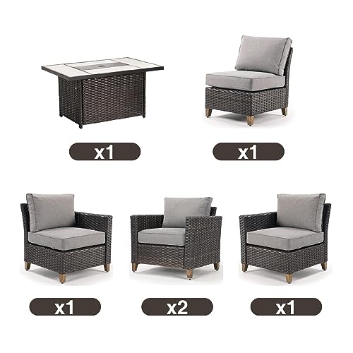 Grand patio Sofa Sets 6 Pieces Conversation Set with Fire Pit Table, PE Wicker Patio Furniture Sectional Sofa with Thick Cushions for Yard Garden Porch (Set for 5 Firetable, 6 PCS)
