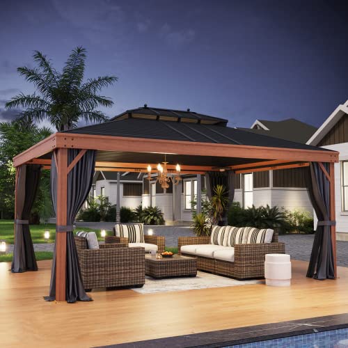 YOLENY 12' x 16' Hardtop Gazebo Metal Gazebo with Faux Wood Grain Aluminum Frame, Galvanized Steel Double Roof, Outdoor Patio Gazebo Pergolas with Netting and Curtains for Backyard, Patio, Lawns