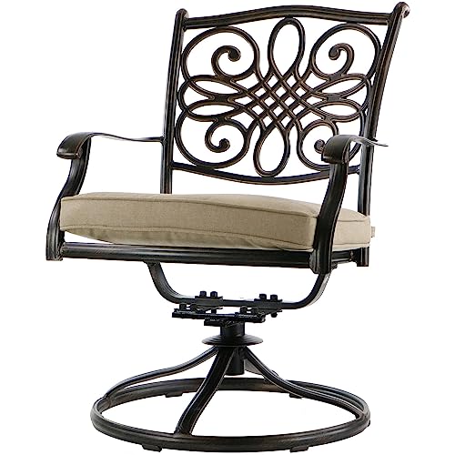 Hanover 5-Piece Four Traditions Swivel Rocker Chairs with Tan Cushions and 48" Round Cast Table, Patio Dining Set for 4, Premium Weather Resistant Outdoor Furniture