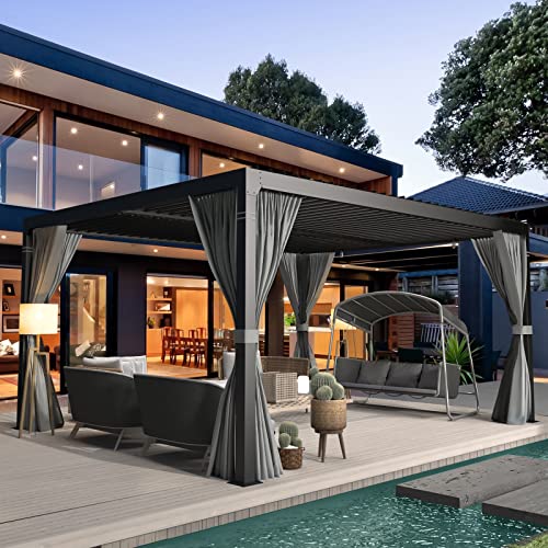 EROMMY 10' x 12' Louvered Pergola, Outdoor Patio Hardtop Gazebo, Sun Shade Shelter, Adjustable Metal Roof Hardtop Gazebo for Deck Patio Garden Yard, Curtains and Netting Included, Gray-Black