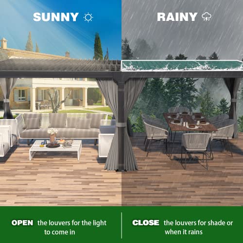 MELLCOM 12'×20' Outdoor Louvered Pergola with Adjustable Aluminum Rainproof Roof, Patio Hardtop Gazebo Sun Shade Shelter for Beach Deck Patio Garden Yard, Curtains and Netting Included, Black