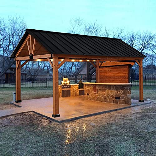 Outsunny 11' x 13' Hardtop Gazebo with Galvanized Steel Roof, Wooden Frame, Permanent Pavilion Outdoor Gazebo with Ceiling Hook for Garden, Patio, Backyard, Lawn