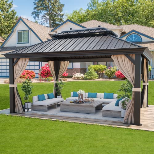 MELLCOM 12' x 16' Hardtop Gazebo, Galvanized Steel Metal Double Roof Aluminum Gazebo with Curtains and Netting, Brown Permanent Pavilion Gazebo with Frame for Patios, Gardens, Lawns
