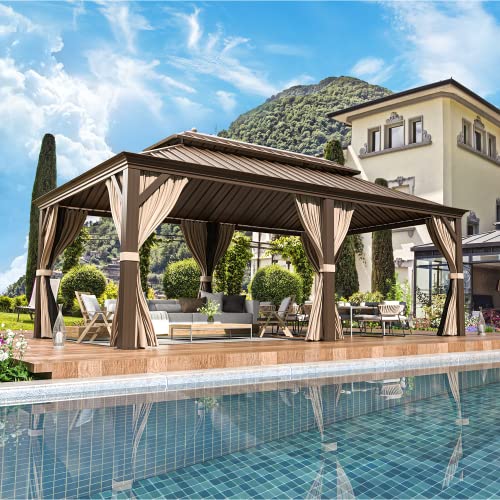 EROMMY 12' x 20' Gazebo Hardtop Double Roof Galvanized Steel Canopy with Netting and Curtains Outdoor Aluminum Frame Permanent Metal Pavilion for Patio Backyard Deck and Lawns