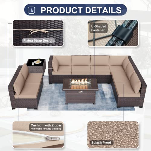 Delnavik Patio Furniture Sectional Sofa Set 13-Pieces PE Rattan Swivel Rocking Chairs Patio Conversation Set w/43in Gas Fire Pit Table, Outdoor Furniture with 55000 BTU Propane Fire Pit, Sand