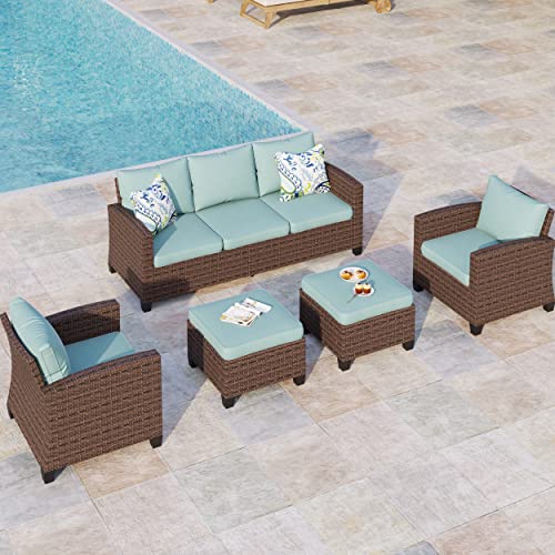 MIXPATIO 5 Pcs Patio Conversation Set for 7 Seats, Rattan Wicker Outdoor Patio Furniture Set, 2 x Single Chair, 2 x Ottoman, 3-Seat Sofa for Lawn Garden Backyard, Blue