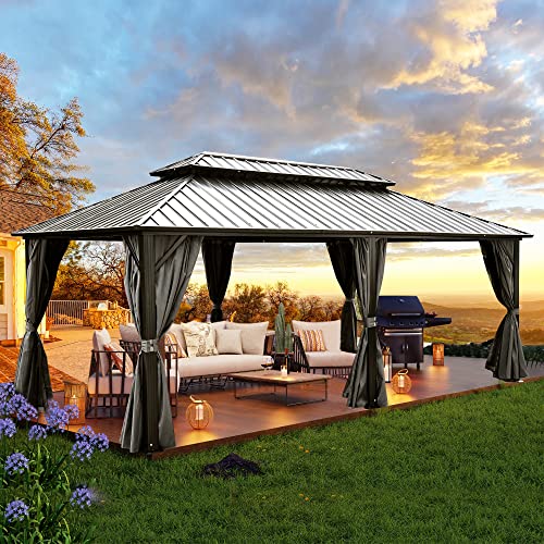 YITAHOME 12x18ft Hardtop Gazebo with Nettings and Curtains, Heavy Duty Double Roof Galvanized Steel Outdoor Combined of Vertical Stripes Roof for Patio, Backyard, Deck, Lawns, Gray