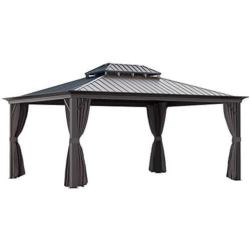 Outsunny 12' x 16' Hardtop Gazebo Canopy with Galvanized Steel Double Roof, Aluminum Frame, Permanent Pavilion Outdoor Gazebo with Netting and Curtains for Patio, Garden, Backyard, Deck, Lawn, Brown