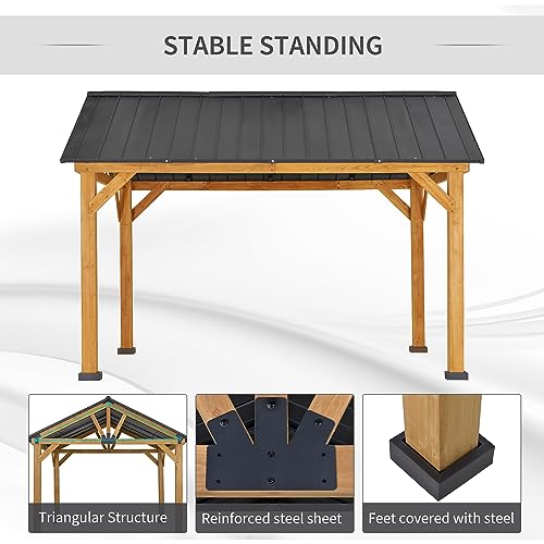 Outsunny 11' x 13' Hardtop Gazebo with Galvanized Steel Roof, Wooden Frame, Permanent Pavilion Outdoor Gazebo with Ceiling Hook for Garden, Patio, Backyard, Lawn