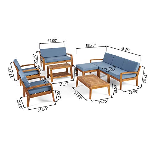 Great Deal Furniture Sally 7-Seater Sectional Sofa Set for Patio with Loveseat, Club Chairs, Ottoman, and Coffee Tables, Acacia Wood, Teak Finish with Blue Outdoor Cushions
