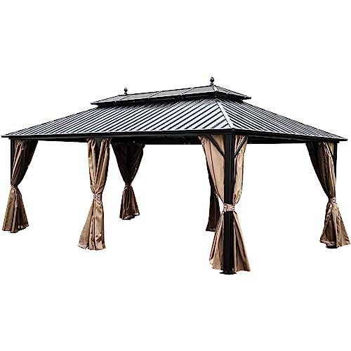 YITAHOME 12x20 ft Hardtop Gazebo with Nettings and Curtains, Outdoor Heavy Duty Aluminum Gazebo Combined of Horizontal and Vertical Stripes Roof for Patio, Backyard, Deck, Lawns and Balcony (Bronze)