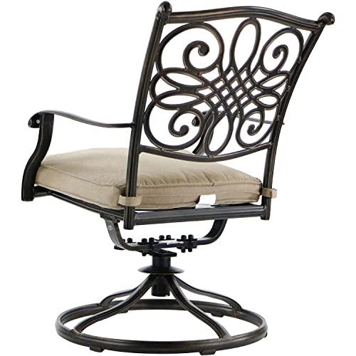 Hanover 5-Piece Four Traditions Swivel Rocker Chairs with Tan Cushions and 48" Round Cast Table, Patio Dining Set for 4, Premium Weather Resistant Outdoor Furniture