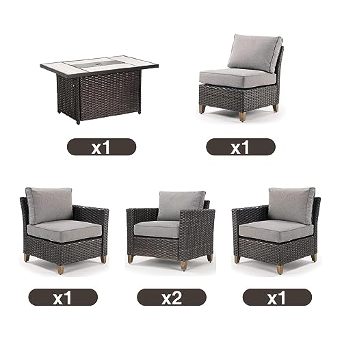 Grand patio Sofa Sets 6 Pieces Conversation Set with Fire Pit Table, PE Wicker Patio Furniture Sectional Sofa with Thick Cushions for Yard Garden Porch (Set for 5 Firetable, 6 PCS)