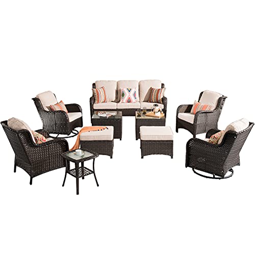 XIZZI Patio Furniture Set Wicker Patio Furniture 10 Pieces Outdoor Conversation Deck Sofa with High Back Swivel Rocking Chairs,Ottomans and Coffee Tables,Brown Wicker Beige Cushion