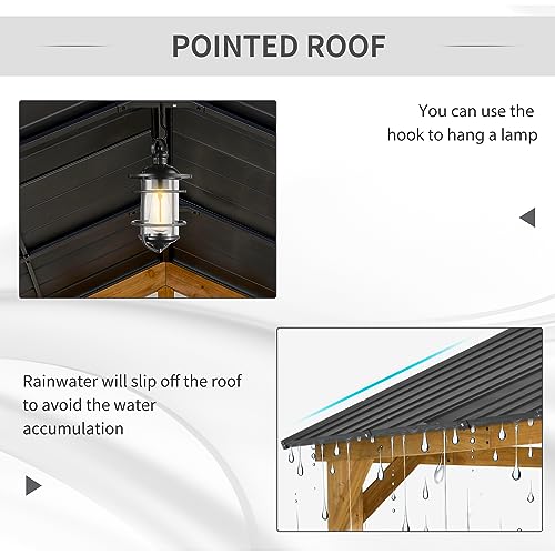 Outsunny 11' x 13' Hardtop Gazebo with Galvanized Steel Roof, Wooden Frame, Permanent Pavilion Outdoor Gazebo with Ceiling Hook for Garden, Patio, Backyard, Lawn