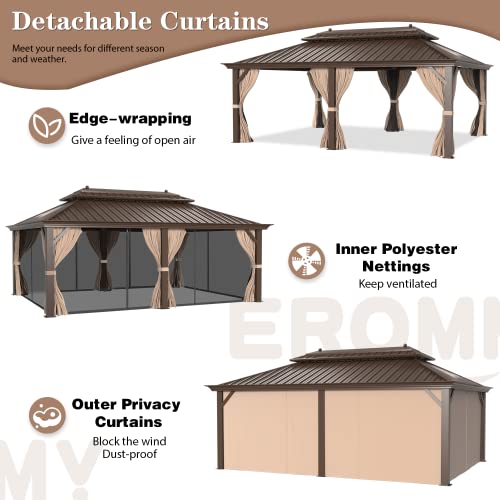 EROMMY 12' X 20' gazebos on Clearance, Hardtop Gazebo Aluminum Gazebos with Galvanized Steel Double Roof for Patio Lawn and Garden, Curtains and Netting Included, Dark Bronze