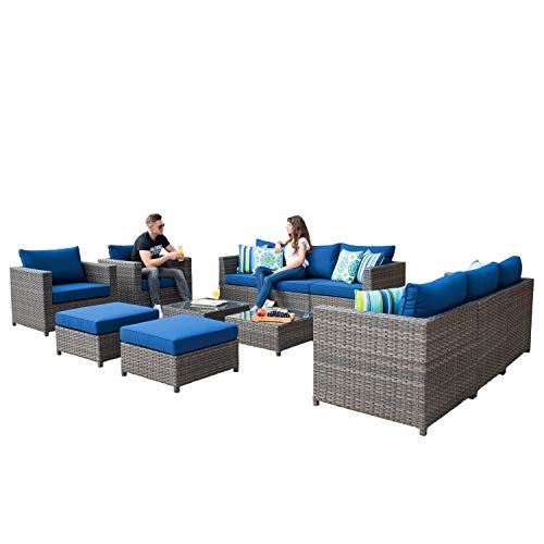 XIZZI Patio Furniture Sets Outdoor Sectional Sofa 12 Pieces No Assembly Required Big Size All Weather Wicker Aluminum Conversation Set with 4 Pillows and 2 Furniture Covers,Grey Wicker Navy Blue