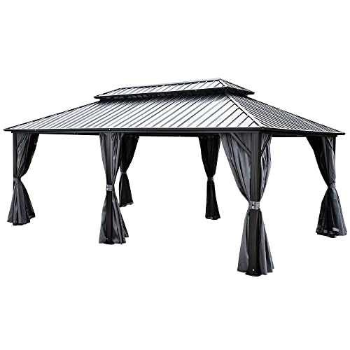 YITAHOME 12x18ft Hardtop Gazebo with Nettings and Curtains, Heavy Duty Double Roof Galvanized Steel Outdoor Combined of Vertical Stripes Roof for Patio, Backyard, Deck, Lawns, Gray