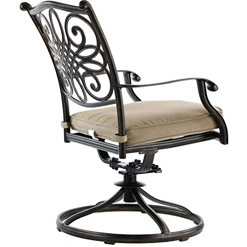 Hanover 5-Piece Four Traditions Swivel Rocker Chairs with Tan Cushions and 48" Round Cast Table, Patio Dining Set for 4, Premium Weather Resistant Outdoor Furniture