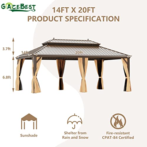GAZEBEST 14'x20' Hardtop Gazebo Outdoor Aluminum Patio Gazebo Double Roof Galvanized Steel Gazebo Canopy with Netting and Curtains,for Garden Patio,Patio Backyard,Deck and Lawns