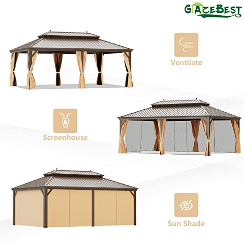 GAZEBEST 14'x20' Hardtop Gazebo Outdoor Aluminum Patio Gazebo Double Roof Galvanized Steel Gazebo Canopy with Netting and Curtains,for Garden Patio,Patio Backyard,Deck and Lawns