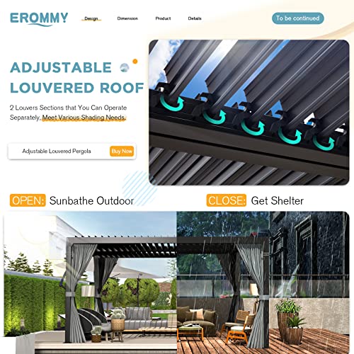 EROMMY 10' x 12' Louvered Pergola, Outdoor Patio Hardtop Gazebo, Sun Shade Shelter, Adjustable Metal Roof Hardtop Gazebo for Deck Patio Garden Yard, Curtains and Netting Included, Gray-Black