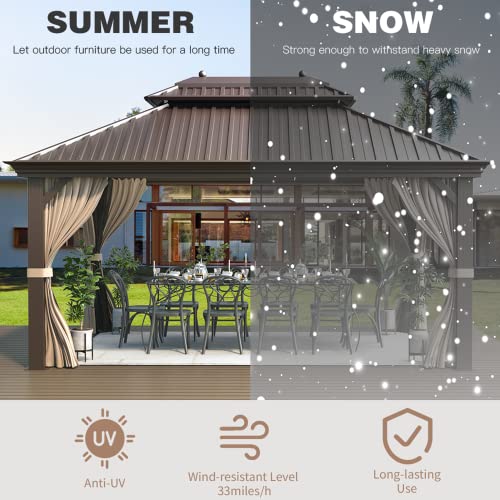 EROMMY 12'x16' Hardtop Gazebo Double Roof Galvanized Steel Canopy Outdoor Aluminum Frame Permanent Metal Pavilion with Netting and Curtains for Patio Backyard Deck and Lawns