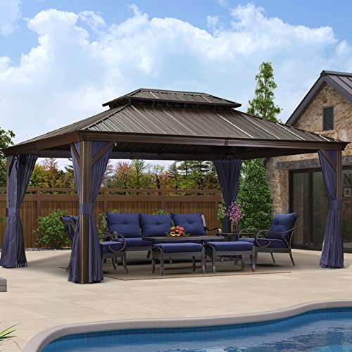 PURPLE LEAF 12' X 16' Permanent Hardtop Gazebo for Patio with Netting and Curtains Deck Backyard Heavy Duty Sunshade Metal Roof All Weather Outdoor Pavilion Canopy