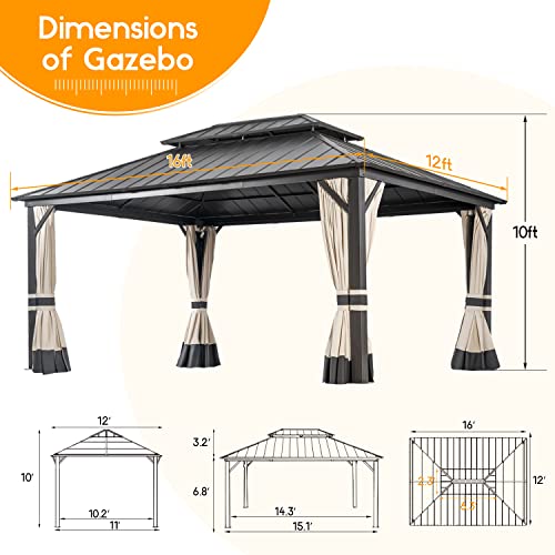 Warmally 12' x 16' Hardtop Gazebo, Outdoor Permanent Gazebo with Galvanized Steel Double Roof Canopy, Aluminum Frame Pavilion with Netting and Curtains for Patio, Deck, Backyard, Lawn and Gardens