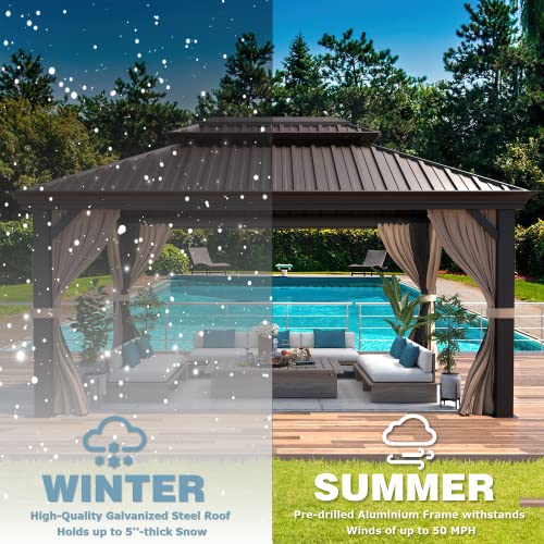 MELLCOM 12' x 16' Hardtop Gazebo, Galvanized Steel Metal Double Roof Aluminum Gazebo with Curtains and Netting, Brown Permanent Pavilion Gazebo with Aluminum Frame for Patio, Lawn & Garden
