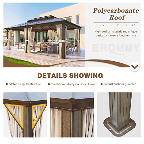 EROMMY 12'x20' Gazebo Polycarbonate Double Roof Canopy Outdoor Aluminum Frame Pergolas with Netting and Curtains for Garden Patio Lawns Parties
