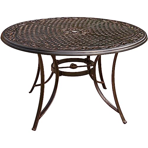 Hanover 5-Piece Four Traditions Swivel Rocker Chairs with Tan Cushions and 48" Round Cast Table, Patio Dining Set for 4, Premium Weather Resistant Outdoor Furniture