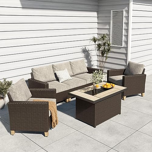 Grand patio Sofa Sets 6 Pieces Conversation Set with Fire Pit Table, PE Wicker Patio Furniture Sectional Sofa with Thick Cushions for Yard Garden Porch (Set for 5 Firetable, 6 PCS)