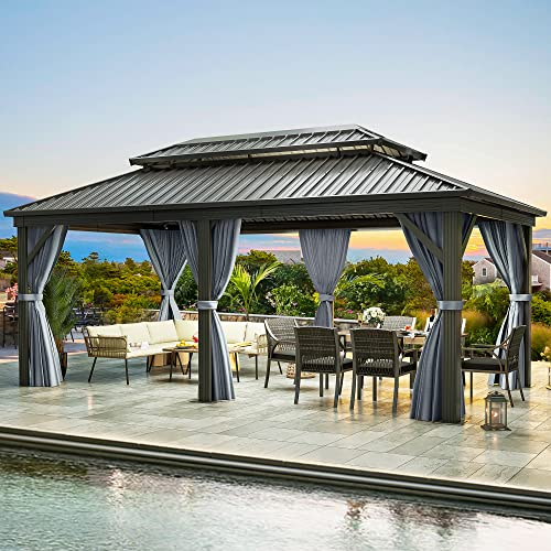 YITAHOME 12x18ft Hardtop Gazebo with Nettings and Curtains, Heavy Duty Double Roof Galvanized Steel Outdoor Combined of Vertical Stripes Roof for Patio, Backyard, Deck, Lawns, Gray