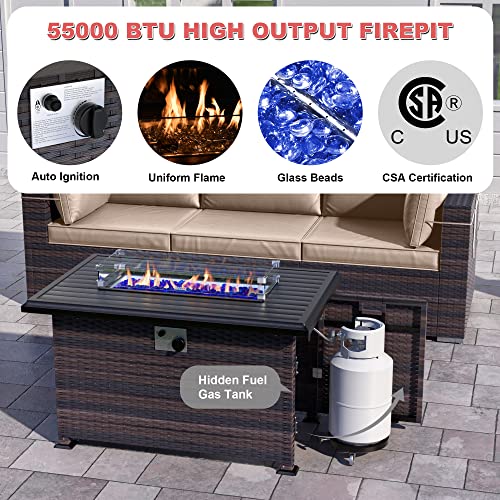 Delnavik Patio Furniture Sectional Sofa Set 13-Pieces PE Rattan Swivel Rocking Chairs Patio Conversation Set w/43in Gas Fire Pit Table, Outdoor Furniture with 55000 BTU Propane Fire Pit, Sand
