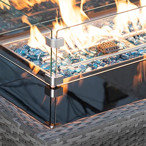 NICESOUL® Large 9 Pcs Outdoor Patio Furniture Set with Fire Pit Table Teal Blue High Back HDPE Handwoven Rattan Modular Sofa Set Patio Conversation Sets with Fireplaces Modern Sofa
