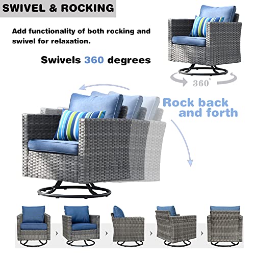 ovios Patio Furniture Set 10 PCS Outdoor Wicker Rocking Swivel Chairs Sectional Sofa Set with 4 Single Chairs High Back Rattan Sofa for Yard Garden Porch (Denim Blue)