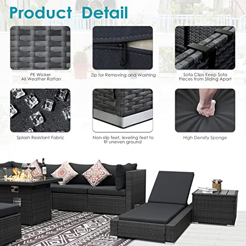 RADIATA 13 Pieces PE Wicker Patio Furniture Set Sectional High Back Large Size Sofa Sets with Propane Fire Pit Table 55000 BTU Balcony Rattan Lounge Conversation Sets for Outdoor