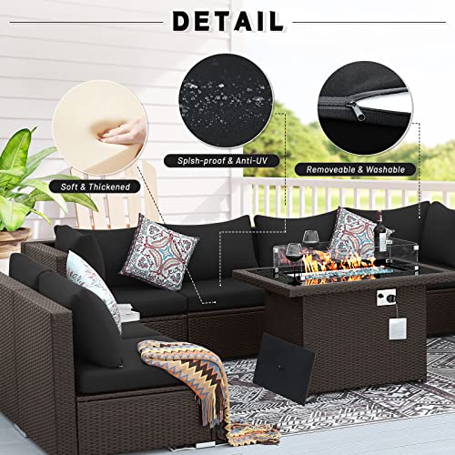 BULEXYARD 9 Pieces Patio Furniture Set with 43" Propane/Natural Gas Fire Pit Table, Outdoor Sectional Sofa Conversation Sets (Espresso/Black)