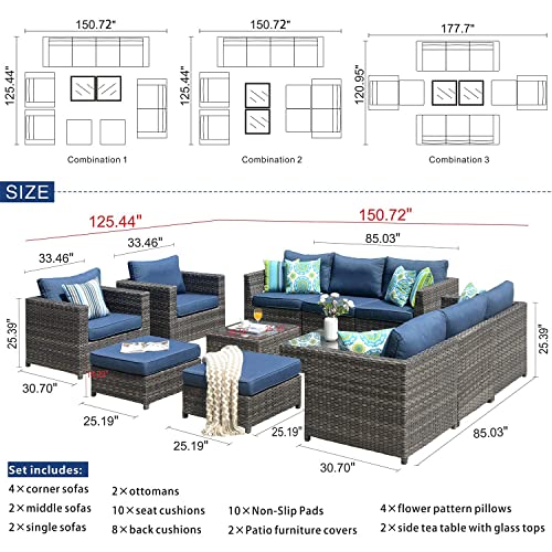 ovios Patio Furniture Set, 12 PCS Big Size Outdoor Furniture Set All Weather Rattan Wicker Sofa Sectional Set with Glass Table, Garden, Backyard, No Assembly Required (Grey-Denim Blue)