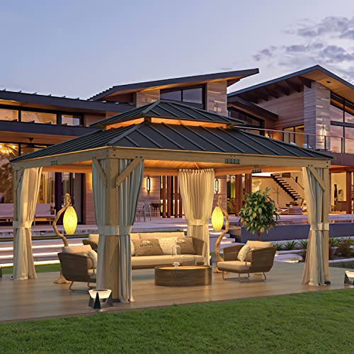 MELLCOM 13' x 15' Asphalt Hardtop Gazebo, Spruce Wood Double Roof Gazebo with Curtains and Meshes, Canopy Gazebo with Waterproof Coated Wood Frame for Patios, Gardens, Lawns, and Backyards