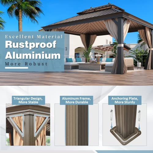 MELLCOM 12' x 16' Hardtop Gazebo, Galvanized Steel Metal Double Roof Aluminum Gazebo with Curtains and Netting, Brown Permanent Pavilion Gazebo with Aluminum Frame for Patio, Lawn & Garden