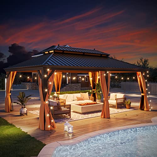 GAZEBEST 14'x20' Hardtop Gazebo Outdoor Aluminum Patio Gazebo Double Roof Galvanized Steel Gazebo Canopy with Netting and Curtains,for Garden Patio,Patio Backyard,Deck and Lawns
