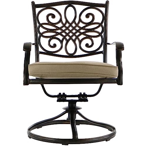Hanover 5-Piece Four Traditions Swivel Rocker Chairs with Tan Cushions and 48" Round Cast Table, Patio Dining Set for 4, Premium Weather Resistant Outdoor Furniture