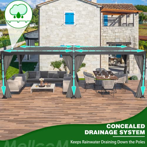 MELLCOM 12'×20' Outdoor Louvered Pergola with Adjustable Aluminum Rainproof Roof, Patio Hardtop Gazebo Sun Shade Shelter for Beach Deck Patio Garden Yard, Curtains and Netting Included, Black