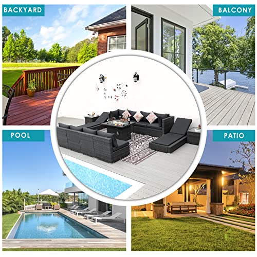 RADIATA 13 Pieces PE Wicker Patio Furniture Set Sectional High Back Large Size Sofa Sets with Propane Fire Pit Table 55000 BTU Balcony Rattan Lounge Conversation Sets for Outdoor