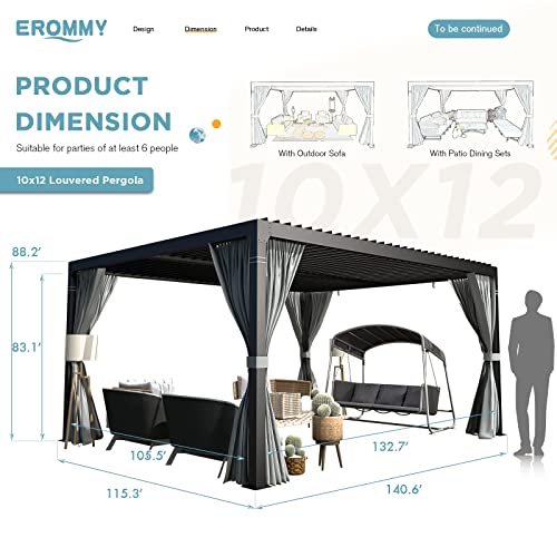 EROMMY 10' x 12' Louvered Pergola, Outdoor Patio Hardtop Gazebo, Sun Shade Shelter, Adjustable Metal Roof Hardtop Gazebo for Deck Patio Garden Yard, Curtains and Netting Included, Gray-Black