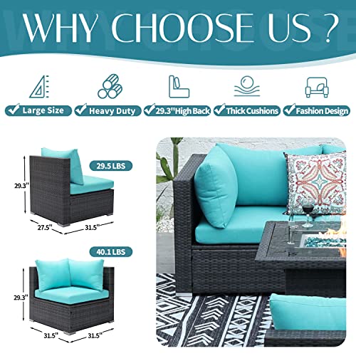 NICESOUL® Large 9 Pcs Outdoor Patio Furniture Set with Fire Pit Table Teal Blue High Back HDPE Handwoven Rattan Modular Sofa Set Patio Conversation Sets with Fireplaces Modern Sofa