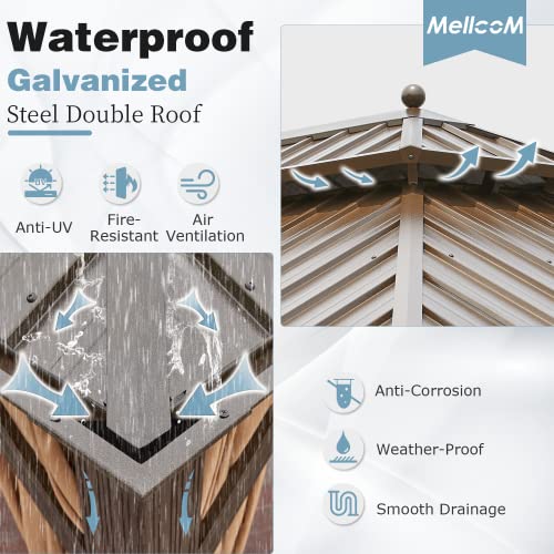 MELLCOM 12' x 16' Hardtop Gazebo, Galvanized Steel Metal Double Roof Aluminum Gazebo with Curtains and Netting, Brown Permanent Pavilion Gazebo with Aluminum Frame for Patio, Lawn & Garden